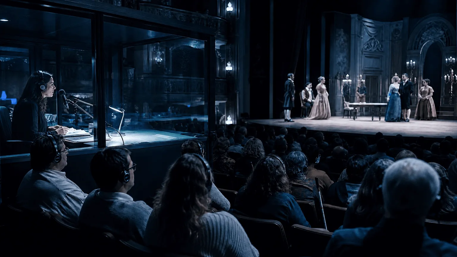 Fotografia criada por inteligência artificial mostra pessoas com deficiência visual acompanhando uma peça teatral com fones de ouvido.