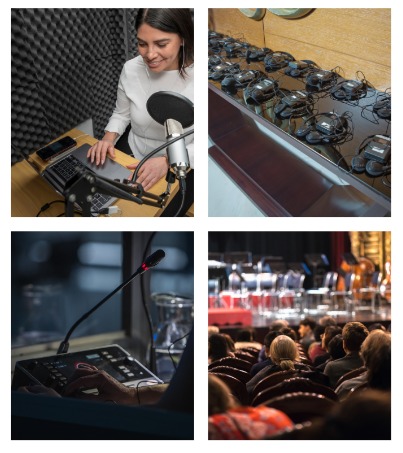 Montagem com 4 fotografias que mostram locutores em cabine de gravação, aparelhos de transmissão simultânea, microfone e espectadores em uma plateia de apresentação teatral.
