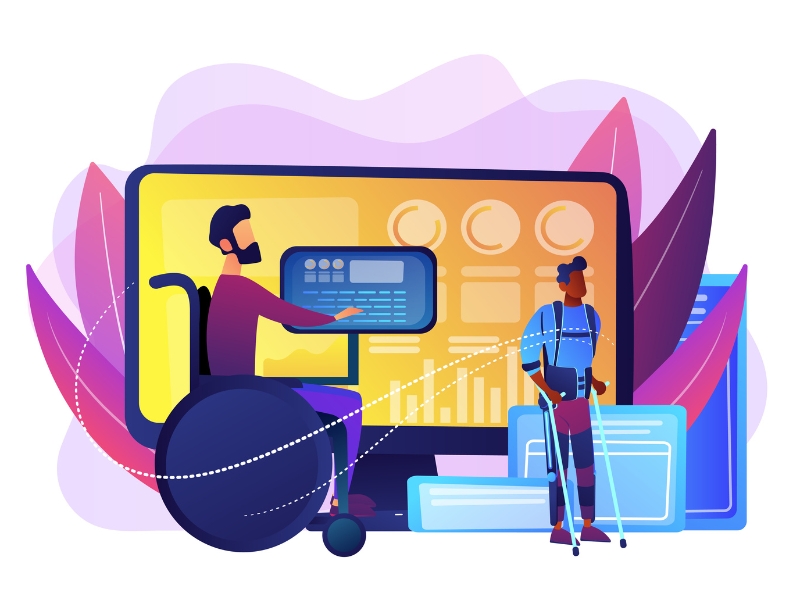 Esta imagem é uma ilustração vetorial colorida que representa a inclusão e a usabilidade de interfaces digitais para pessoas com diferentes tipos de deficiência física e mobilidade reduzida.