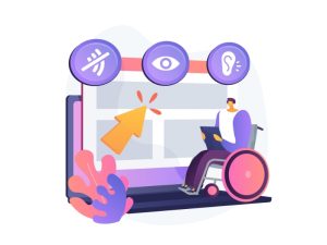 Validação de Acessibilidade Digital - Uma figura humana está sentada em uma cadeira de rodas (representada em rosa e roxo), segurando e interagindo com um dispositivo (possivelmente um tablet ou o próprio notebook). A cadeira de rodas é o principal símbolo de mobilidade reduzida.